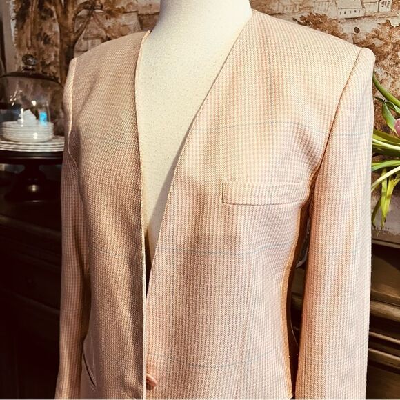 Vintage Oversized Collarless Blazer Pink and White Herringbone  1980’s size 8 - Picture 1 of 6